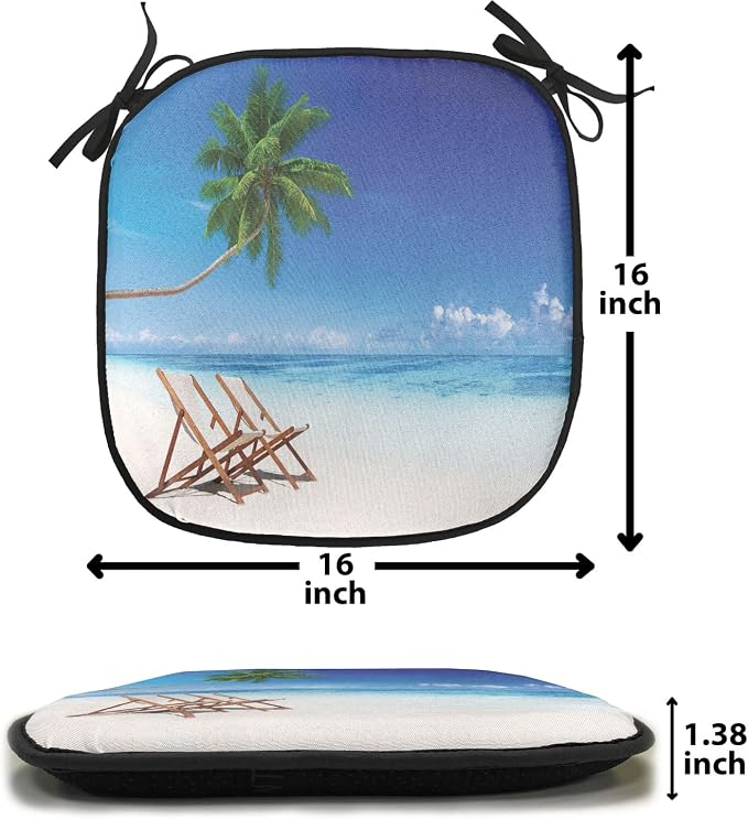 Lunarable Coastal Chair Cushion Pads Set of 4, Havana Paradise Beach Exotic Travel Locations in The Morning Tropical Climate, Anti-Slip Seat Padding for Kitchen & Patio, 16"x16", Blue Brown White