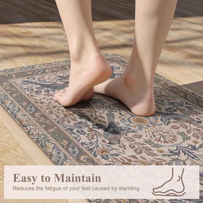 KIMODE Kitchen Mats for Floor Anti Fatigue,Cushioned Runner Rug | 23.6"x71",Khaki Beige,Floral Bird Boho Runner Rug Non Slip ,Wide Long Padded Kitchen Floor Mat for Laundry Sink Office Home