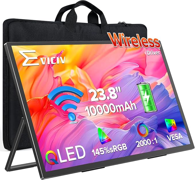 EVICIV Wireless Portable Monitor with 10000mAh Battery, 24" 145% sRGB QLED Ultra-Slim Monitor, Support AirPlay, Miracast, USB-C & HDMI, Sleeve & VESA, Second Screen for Laptop, Game Consoles(3-4H)