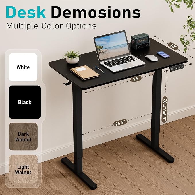 35" Electric Standing Desk, Small Sit Stand up Desk, Black | Height Adjustable Computer Desk for Home Office, Compact Work & Gaming Desk with Cable Management and Stable Steel Frame
