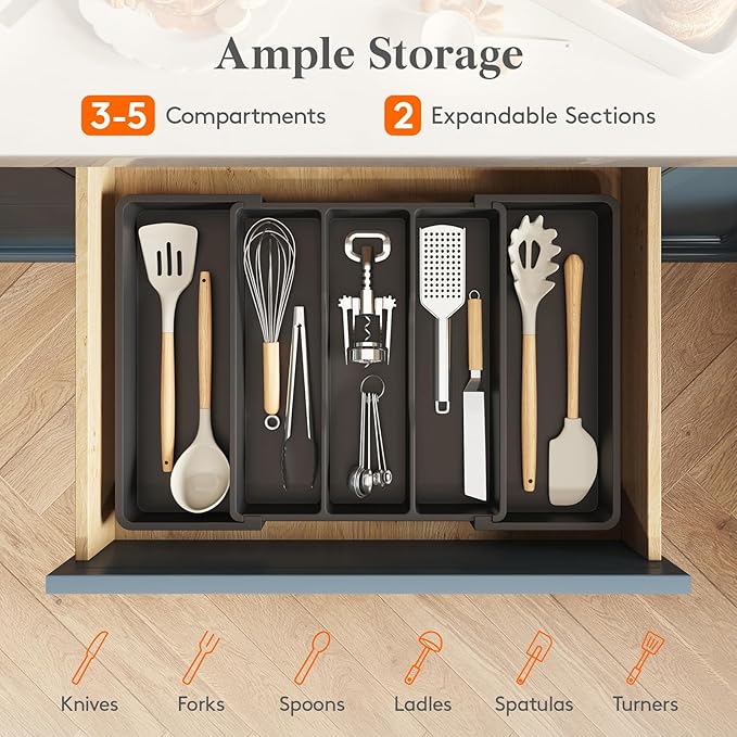 Lifewit Utensil Organizer, Adjustable Kitchen Drawer Organizer, Expandable Cooking Utensil and Cutlery Tray, Plastic Divider Holder Black 11.4-19.8" x 14.5"