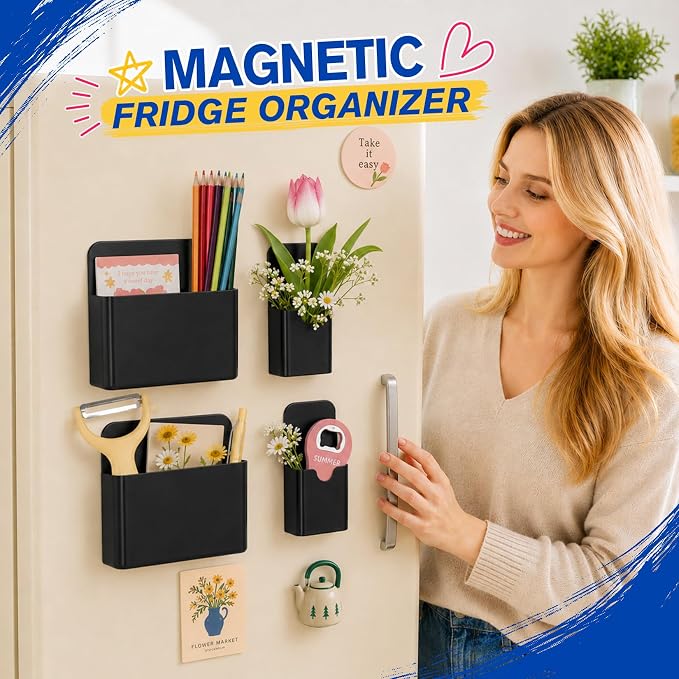 Grtard Black Magnetic Pen Holder, 4 PCS Magnetic Marker Holder for Whiteboard, Magnetic Dry Erase Marker Holder, Magnetic Pen Holder for Refrigerator, Magnetic Pencil Holder, Magnet Locker Organizer
