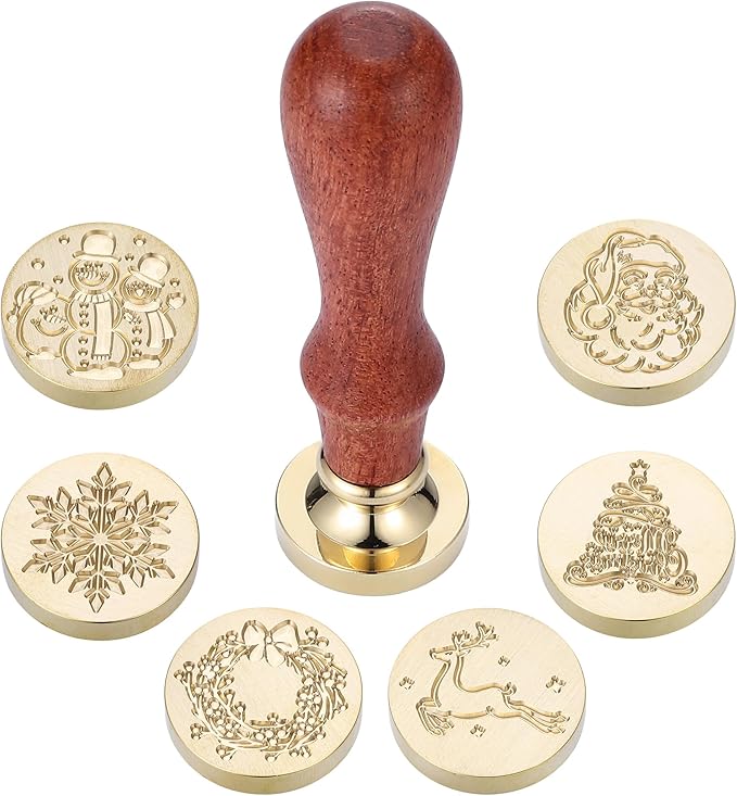 Yoption Christmas Wax Seal Stamp Gift Box Kit, 6pcs Sealing Wax Stamp Heads with 1 Wooden Hilt Set for Party Invitation Card Gift Decoration (Merry Christmas Series)