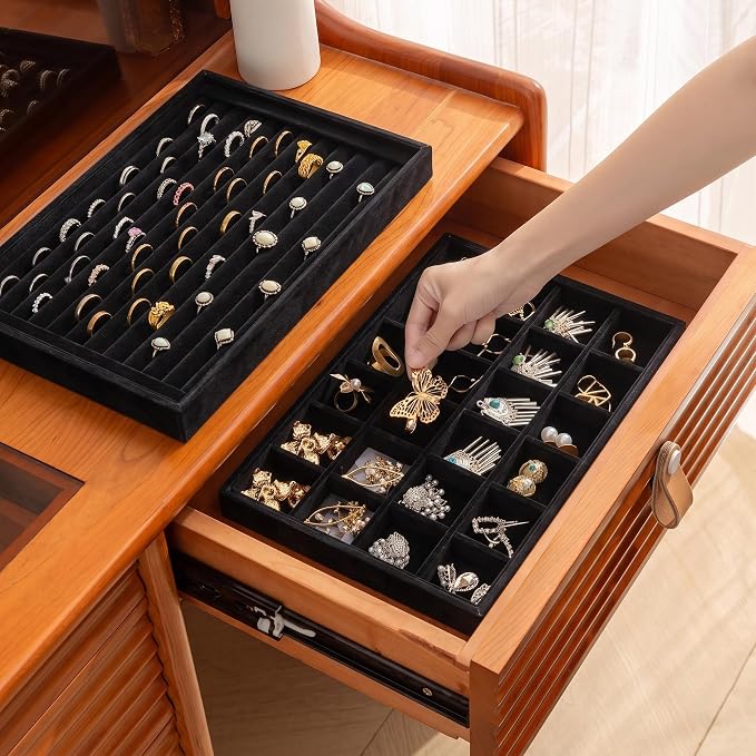 Jewelry Trays for Drawer,Set of 4 Jewelry Organizer and Storage | Velvet Material,Stackable,Adjustable Dividers,Drawer Inserts for Rings Studs Bracelet,Earring Organizer for Women Girls
