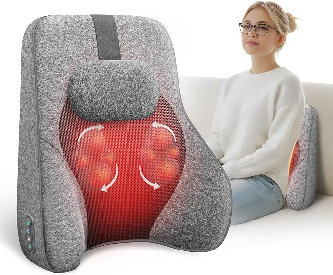 COMFIER Lumbar Support Pillow for Office Chair with 4 Shiatsu Massage Heads & Heat, Memory Foam Back Support for Computer Gaming Chair - Dark Gray