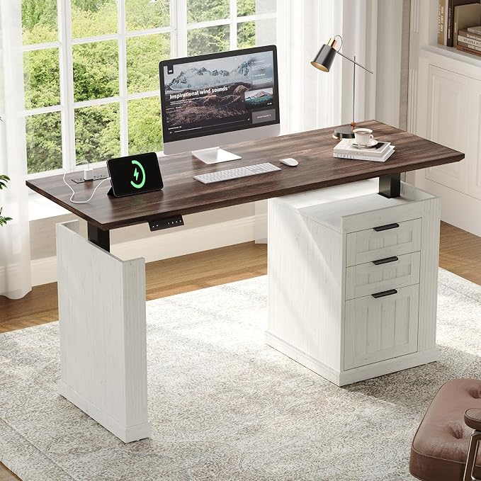 55" Electric Standing Desk with File Cabinet, Computer Desk Walnut&White | Height Adjustable Desk with 3 Drawers, Farmhouse Sit-stand Desks w/ Power Outlets, Home Office Stand up Desk for Work, Study