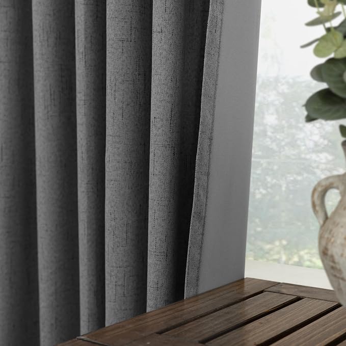 KOUFALL Grey Linen Black Out Curtains 96 Inches Long 2 Panels Set,Blackout Dark Charcoal Gray Gamer Gaming Curtains for Boys Room Bedroom