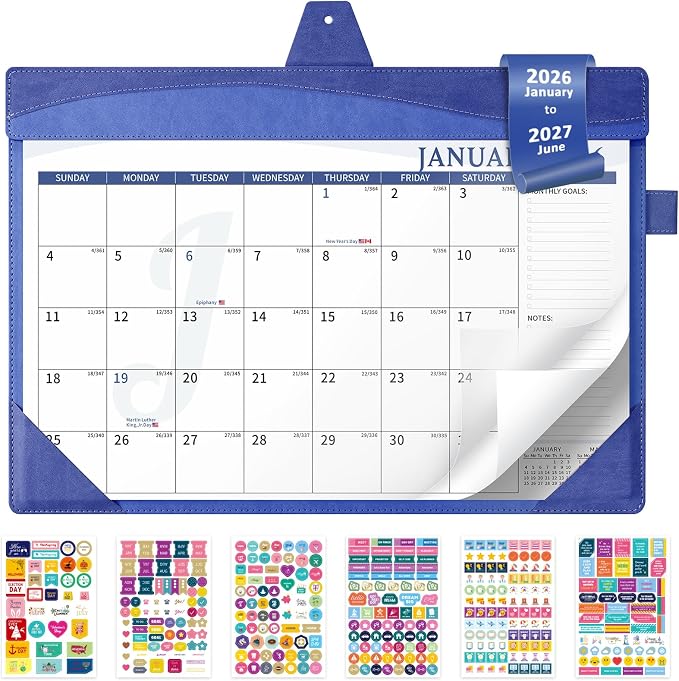 Ospelelf Leather Wall Calendar 2026-2027 with Storage Pocket, 12"x17" Monthly Large Desk Planner Pad with Protective Cover and Sticker, for Family Fridge Office Teacher Student, 18 Months January 2026 - June 2027 Navy Blue