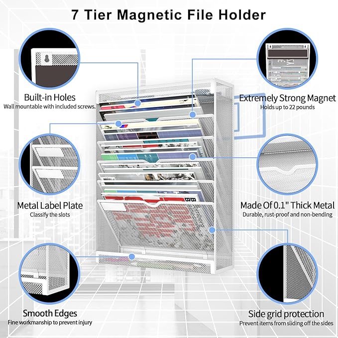 7 Tier Magnetic File Holder, No Drilling Wall File Organizer for File Cabinets Whiteboard Refrigerator,Office,Classroom, Hanging Paper Folder Holder, White
