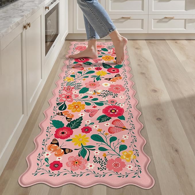 Scalloped Pink Kitchen Mats for Floor Cushioned Anti Fatigue Kitchen Mats Rugs Waterproof Non Slip Farmhouse Boho Floral Comfort Foam Standing Mat for Sink Laundry, 17.3x59