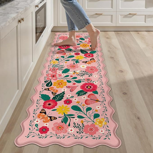 Scalloped Pink Kitchen Mats for Floor Cushioned Anti Fatigue Kitchen Mats Rugs Waterproof Non Slip Farmhouse Boho Floral Comfort Foam Standing Mat for Sink Laundry, 17.3x59