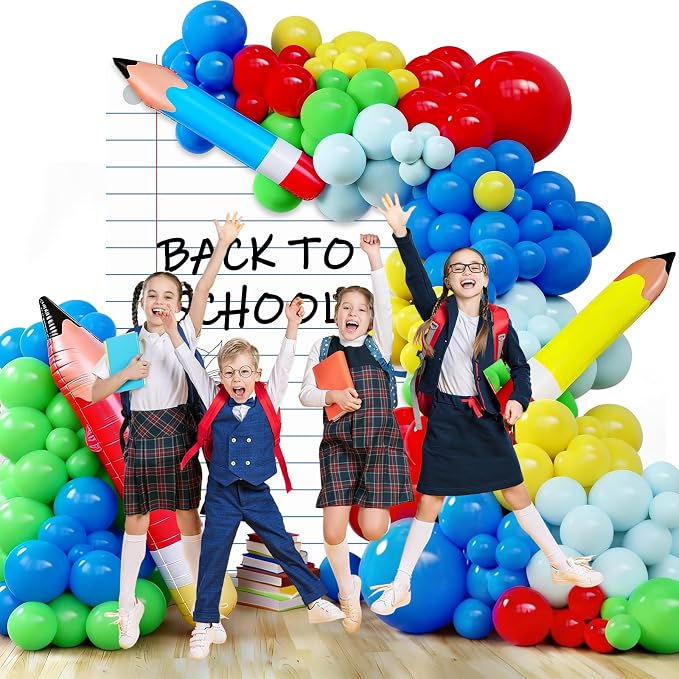 Welcome Back to School Party Decor Rainbow Balloons Arch Kit with Pencil Balloon Backdrop Giant Inflatable Pencil Notebook Photo Props for First Day of School Kindergarten Classroom Supplies(Colorful)