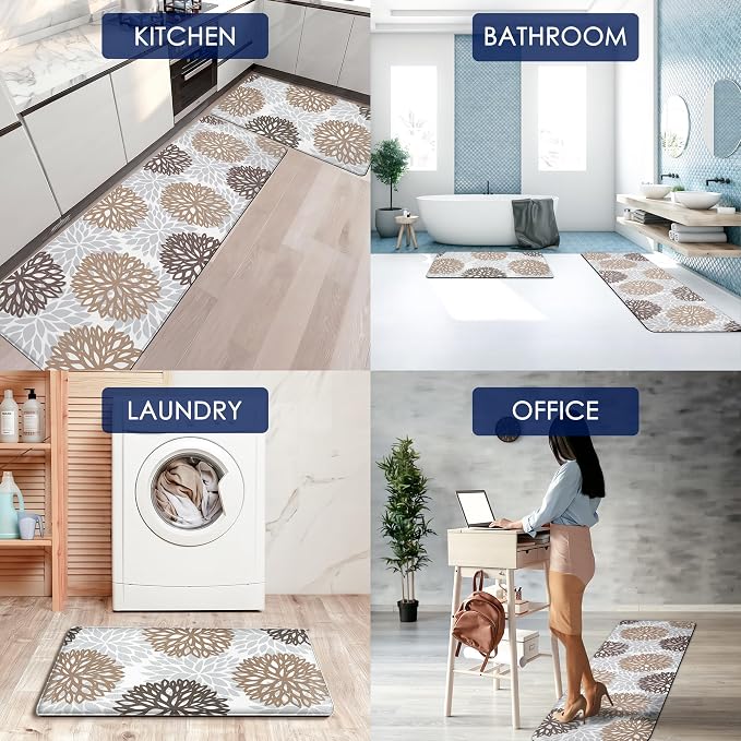 Cushioned Anti-Fatigue Kitchen Mats for Floor – Non-Slip Waterproof Memory Foam Runner, Extra Wide & Long, Comfortable Standing Mat for Kitchen, Sink, Office, Laundry, Brown Gray
