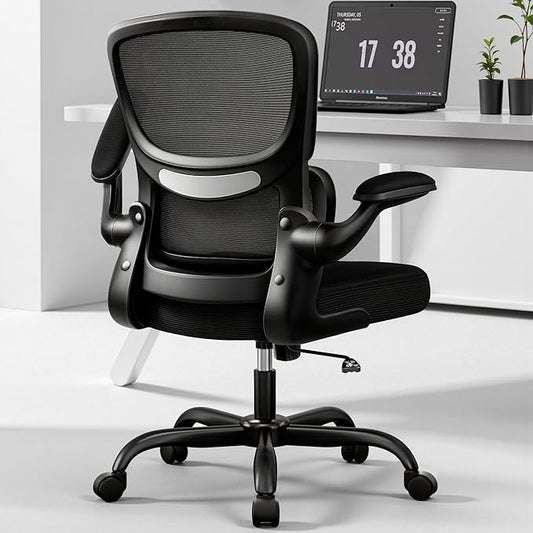 BESTFAIR Ergonomic Mesh Office Chair, Breathable Mesh Computer Desk Chair, Adjustable Lumbar Support, Flip-up Armrests, Executive Swivel Chair for Home Office, Black