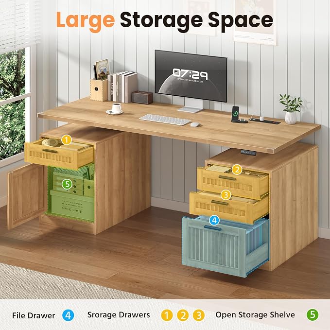 60" Fluted Electric Standing Desk with Drawers for Home Office, Oak | Height Adjustable Computer Desk with 4 Drawers & Storage Shelves, Wood Sit Stand Desk with Power Outlets for Work, Study