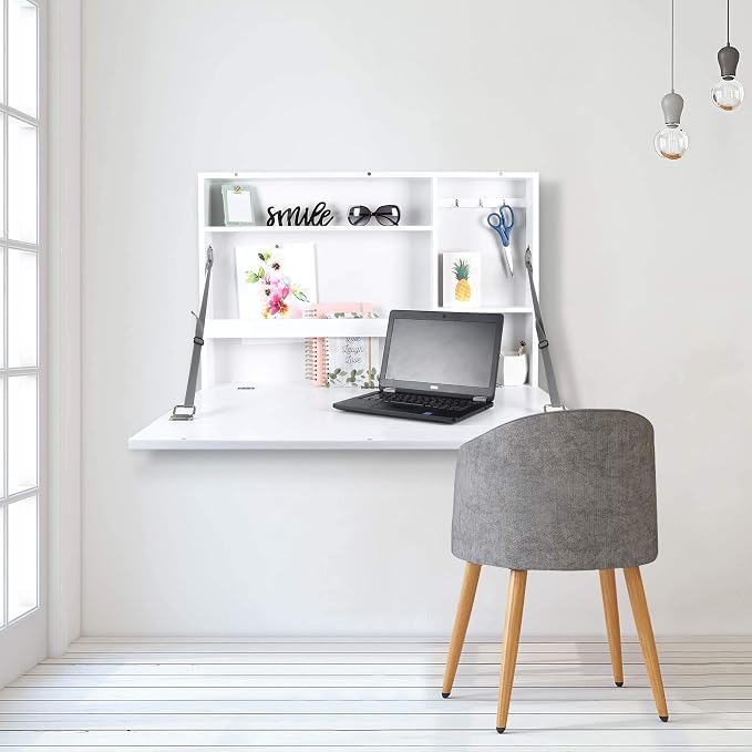 Prinz Work from Home Wall-Mounted Desk, White Folding Desk with Chalkboard Front, Space-Saving Floating Desk Design, Ready to Hang, Interior Shelves, 36 x 24 x 5 Inches, White