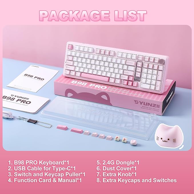 YUNZII B98 PRO QMK/VIA Wireless Mechanical Gaming Keyboard,96% Layout with Numpad and Cute Cat Knob, BT/2.4G/USB-C,Linear Switch Hot Swap Gasket,RGB for Win/Mac (Pink, Candy Linear Switch)