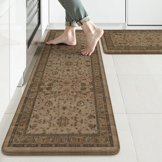 KIMODE Kitchen Floor Mats Anti Fatigue,Cushioned Rugs for Floor Sets of 2 | 17.3"x47"+ 17.3"x29",Brown,Farmhouse Rugs for Floor,Memory Foam Ergonomic Kitchen Mat Non Slip for Laundry Office Bathroom
