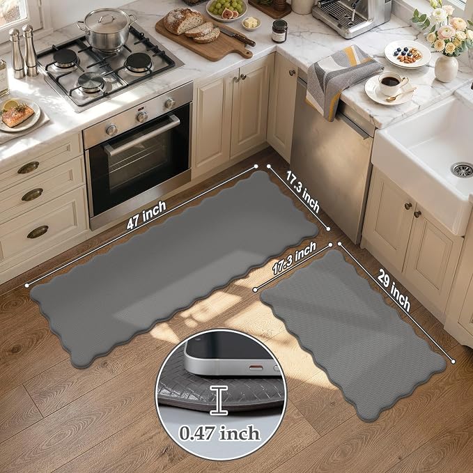 KIMODE Anti Fatigue Kitchen Mats for Kitchen Floor,Scalloped Kitchen Rugs Sets of 2 Non Slip,Cushioned Padded Memory Foam Kitchen Floor Mat Carpet for Office Laundry Sink,Grey