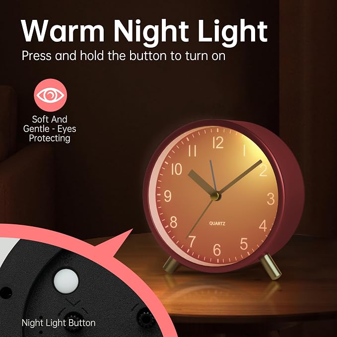 JALL Analog Alarm Clock, 4 inch Super Silent Non Ticking Small Clock with Night Light, Battery Operated, Simple Design, Easy Setting for Office, Bedroom, Bedside, Desk, Teens, Elders, Adult, Red