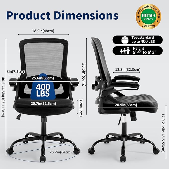 Ergonomic Office Chair, Desk Chair with Adjustable Lumbar Support, Breathable Mesh Comfy Computer Chairs with Flip-up Armrests Executive Task Chair for Adults Home Office (2Pcs)