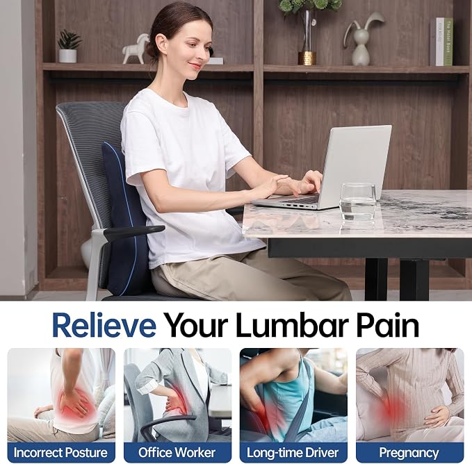 Plush Comfortable Memory Foam Lumbar Support Pillow - Soft Back Cushion for Office Chair, Car Seat, Gaming Chair - Ergonomic Lower Back Pain Relief with Adjustable Straps & Washable Cover-Navy Blue