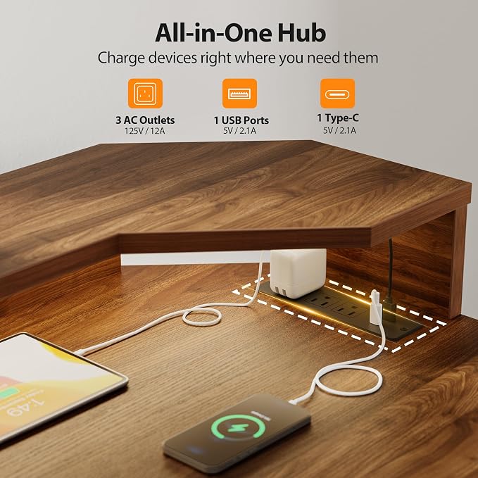 Agilestic 63 Inch L Shaped Electric Standing Desk with Shelf, Height Adjustable Large Desk with Power Outlets & LED, Corner Sit Stand Up Table with Monitor Stand, Computer Workstation, Dark Walnut