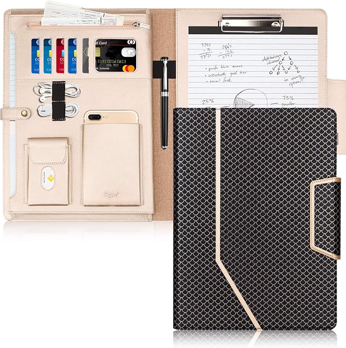 Toplive Business Padfolio, Executive Conference Folder with Document Sleeve, Letter/A4 Size Clipboard, Business Card Holders, Men's & Women's Mermaid Black