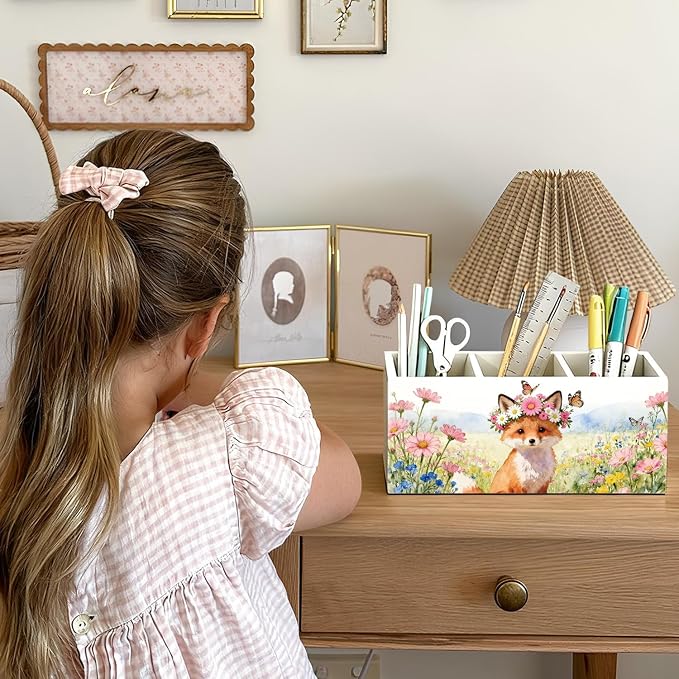 Fox Pen Pencil Holder for Desk Accessories, Fox Gifts for Women, Animal Lovers Gifts, Rustic Butterfly Flower Wild Animal Wooden Box Sign Decorations for Kids Room Home Office Desk Tabletop