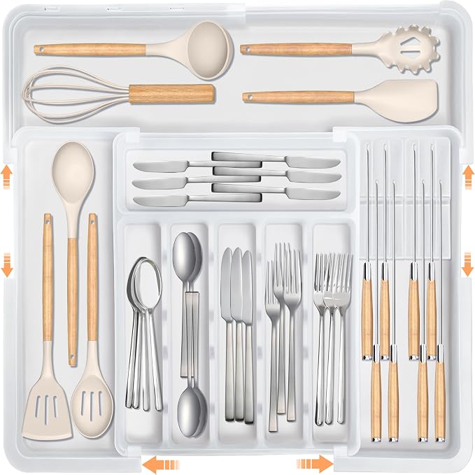 Silverware Organizer for Kitchen Drawer, Expandable Utensil Drawer Organizer with 2 Knife Block, Flatware and Cutlery Holder, Adjustable Plastic Storage for Spoons Forks Knives