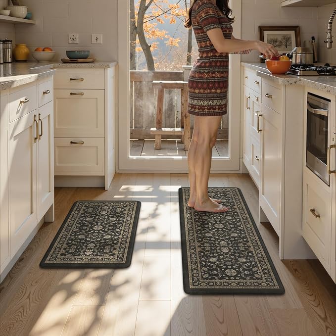KIMODE Kitchen Floor Mats Anti Fatigue,Cushioned Kitchen Sink Rug | 17.3"x47"+ 17.3"x29",Dark Grey,Memory Foam Ergonomic Standing Mat Waterproof for Laundryroom Sink Home Office