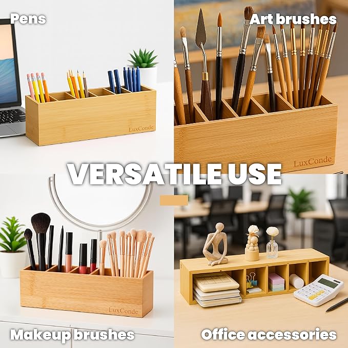 Bamboo Pencil Holder 13.3 X 3.1 X 3.8 In with 6 Adjustable Compartments. Desk Pencil Holder - Pen Holders for Desk, Desktop Pen Organizer - Pens Organizer, Organizador de Lapices