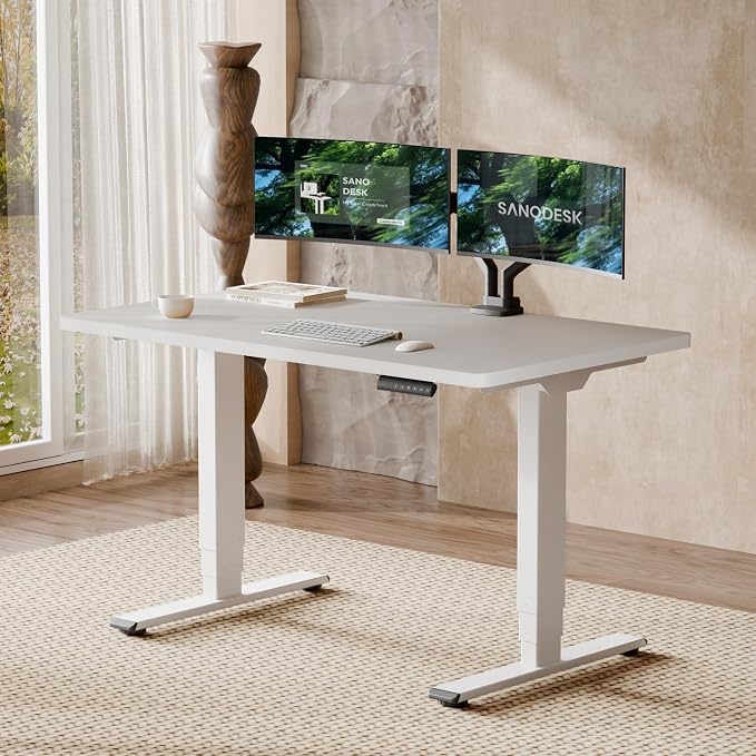SANODESK Dual Motor Standing Desk 220lbs Height Adjustable Desk | 48"x30" Spacious One-Piece White Desktop & White Frame, 4 Memory Presets, 3-Stage Legs, 220lbs, 2-Box for Home & Office