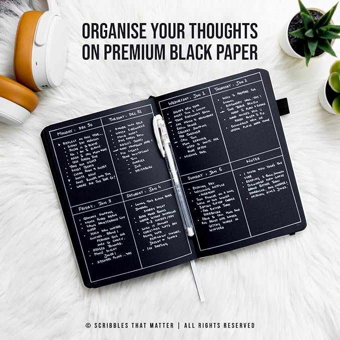 Scribbles That Matter Black Paper Bullet Dotted Journal Notebook | B5 Starry Night Free white gel pen | 160gsm Blackout no-bleed dot grid paper | For Men and Women | 7 x 10 in | Black