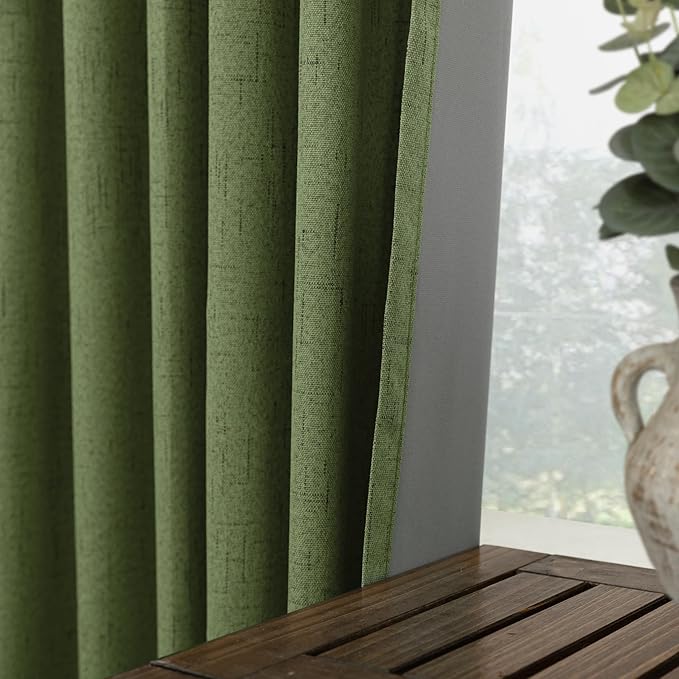 KOUFALL Olive Green Retro Mid Century Modern Curtains for Office,Boho Linen Blackout Curtains for Dining Room,Cortinas para Sala Elegantes