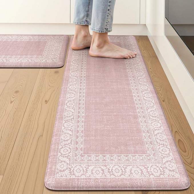 LEEVAN Anti Fatigue Kitchen Mats for Floor, Cushioned Kitchen Mat Set 2PCS | 17.3"x29"+17.3"x47", Boho Floral Pink Kitchen Rugs Non-Slip, Waterproof Ergonomic Standing Mats for Laundry, Office & Sink