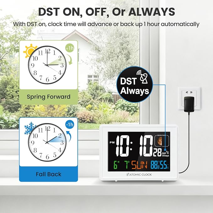 Digital Atomic Alarm Clocks for Bedrooms Battery Backup | Color Display, Self-Setting Clock, Auto DST, Indoor Temperature Humidity, Moon Phase, Calendar, Time, Day of Week, White