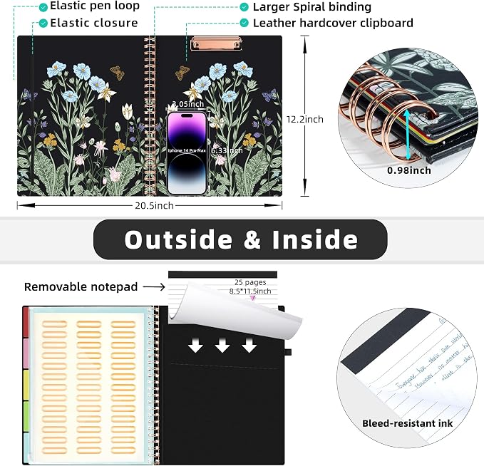Ospelelf Foldable Spiral Clipboard Folio with with Storage Zipper Pouch, Leather Clipboard Folder with Notepad, 5 Plastic Folders with 10 Pockets, 39 Divider Label Stickers, Pen Loop Series (Bushes)