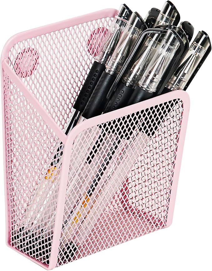 LUCYCAZ Magnetic Pen Holder - Single Magnetic Pencil Locker Holder Organizer, Pink Mesh Marker Holder Pen Basket for Whiteboard, Refrigerator and Locker | Mesh Marker Holder Pen Basket for Whiteboard, Refrigerator and Locker (Pink)