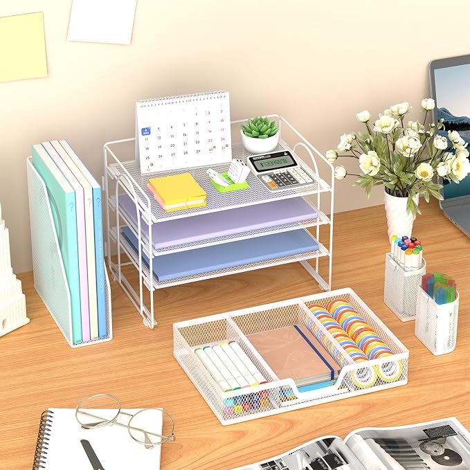 Marbrasse 4-Tier Paper Tray Organizer with Drawer and Pen Holder, White | Metal Mesh Desk Organizer, Built-in Drawer & 2 Pen Slots, fits letters/Files, for School Home Office Supplies