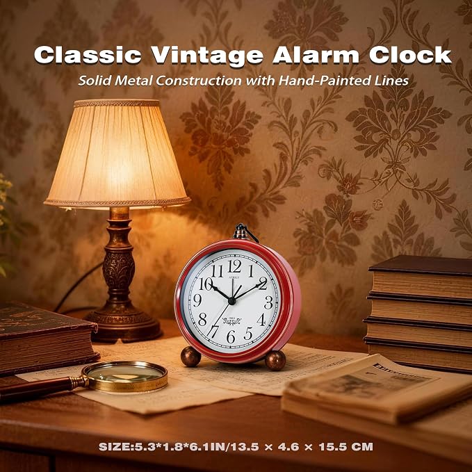 AYRELY® 5.3" Vintage Metal Analog Alarm Clock, Retro Desk and Table Clock | Antique Battery Operated Clock with Light, Elegant Bedside Gift for Bedrooms, Living Rooms, Shellf and Home Decor (Red-White)