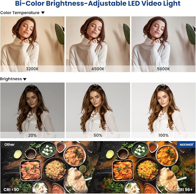NEEWER 2 Pack Bi Color 660 LED Video Light and Stand Kit: (2) 3200-5600K CRI 96+ Dimmable Light with U Bracket and Barndoor, (2) 75 inches Light Stand for Studio Photography, Video Recording (Black)