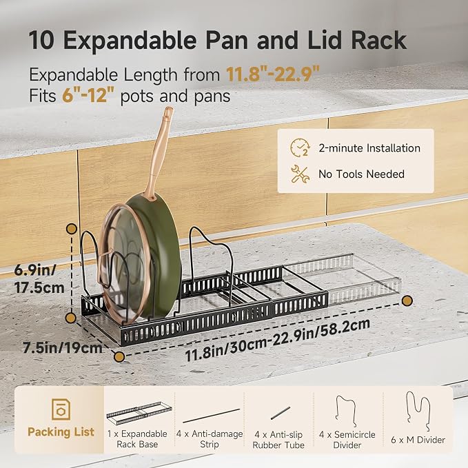 MUDEELA Pot Lid Organizer for Cabinet, Expandable Baking Pan Rack 10 Slots | 11.8–22.9" Expandable, 10 Adjustable Divider, Tool-Free Assembly, Non-Slip, Scratch-Proof, For Pan Lid Cutting Board Bakeware