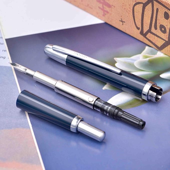 Jinhao 20 Press Fountain Pen, Dark Blue Retractable Fine Nib with Ink Converter Set (Silver Clip)