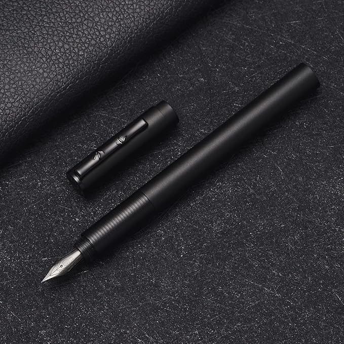 Hongdian H3 Fountain Pen Titanium Black EF Nib with Bamboo Pen Clip, Black Aluminum Alloy Writing Pen