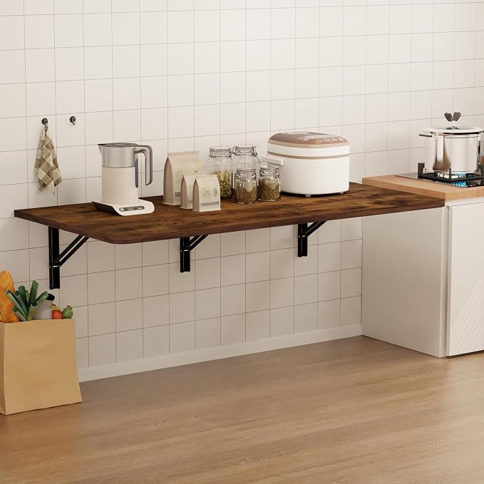 IAE Wall Mounted Floating Foldable Desk, 48" x 22" Folding Computer Workstation Table with Engineered Wood and Metal Shelf Brackets,Fold&Floating Design for Home Office, Apartment,Laundry Room,Rustic