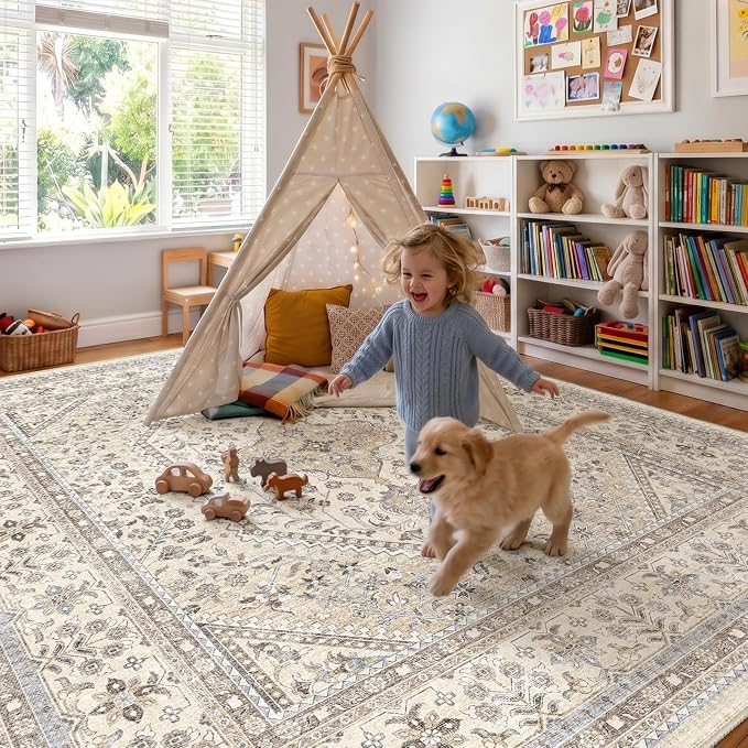 Puino 10x10 Square Area Rug - Washable Oriental Large Rugs for Living Room Soft Non-Slip Backing Indoor Carpet for Bedroom Low Pile Stain Resistant Floor Mat for Dinning Room Home Decor Beige/Gray