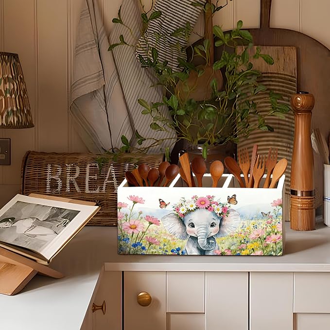 Elephant Pen Pencil Holder for Desk Accessories, Elephant Gifts for Women & Kids, Rustic Butterfly Flower Wild Animal Wooden Box Sign Decorations for Kids Room Home Office Desk Tabletop