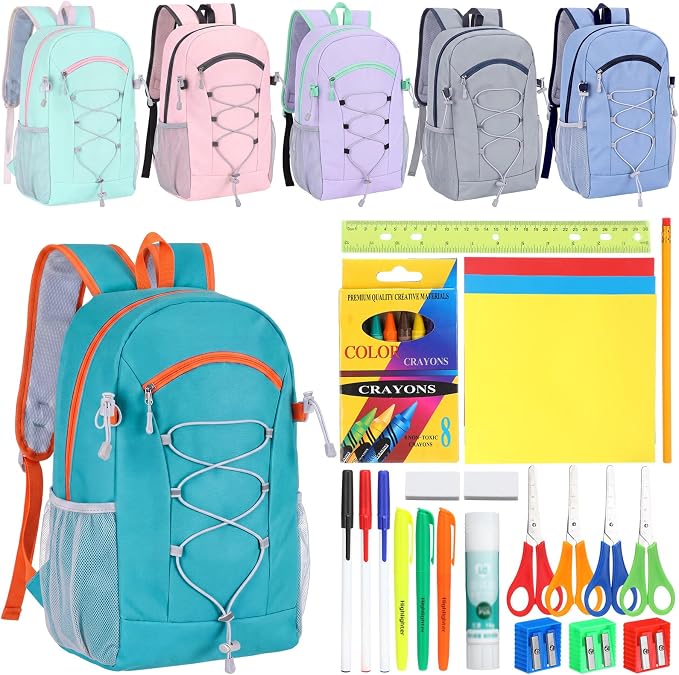 Maitys 6 Pack 17'' Bulk Backpacks with Supplies Kit, Bookbags for Donation Charities (Solid Color,Bungee)