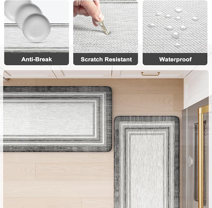 KIMODE Anti Fatigue Kitchen Mats for Floor 2 Piece,17"x47"+17"x29" Farmhouse Kitchen Rugs Non Slip Rubber Backing,Waterproof Cushioned Standing Mat for Home Decor,Office,Laundry Room,Sink,Desk,Grey
